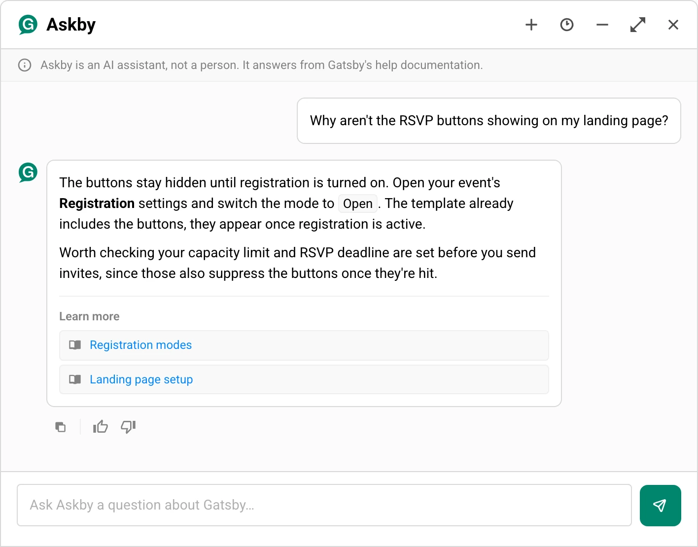 The Askby panel in Gatsby: the question "Why aren't the RSVP buttons showing on my landing page?" above Askby's answer explaining that the buttons appear once registration is turned on, with Registration modes and Landing page setup listed under Learn more, copy and thumbs up and down controls beneath the answer, and a composer reading Ask Askby a question about Gatsby