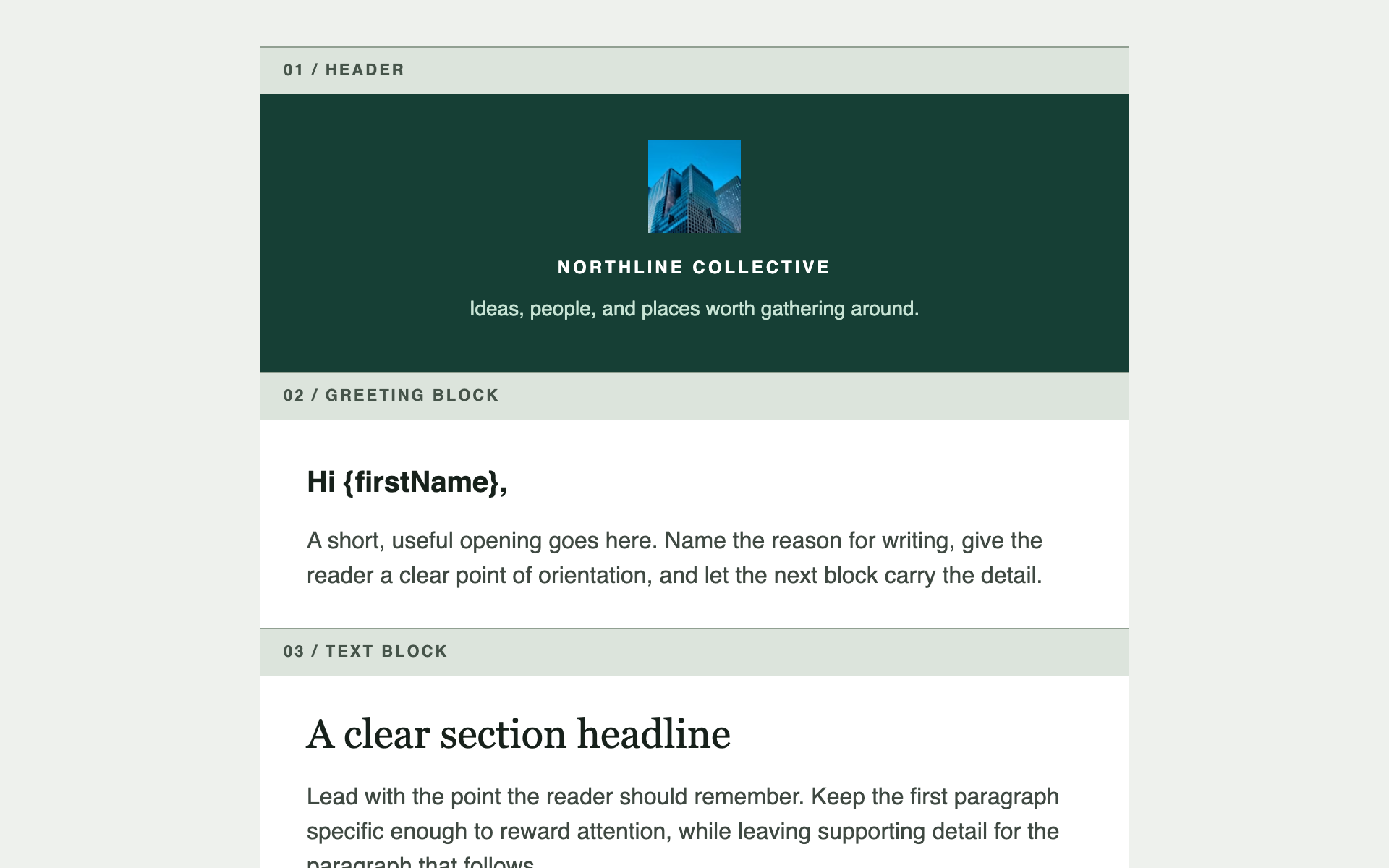 A rendered component library showing a branded header, five labelled content blocks, and a compliant footer.