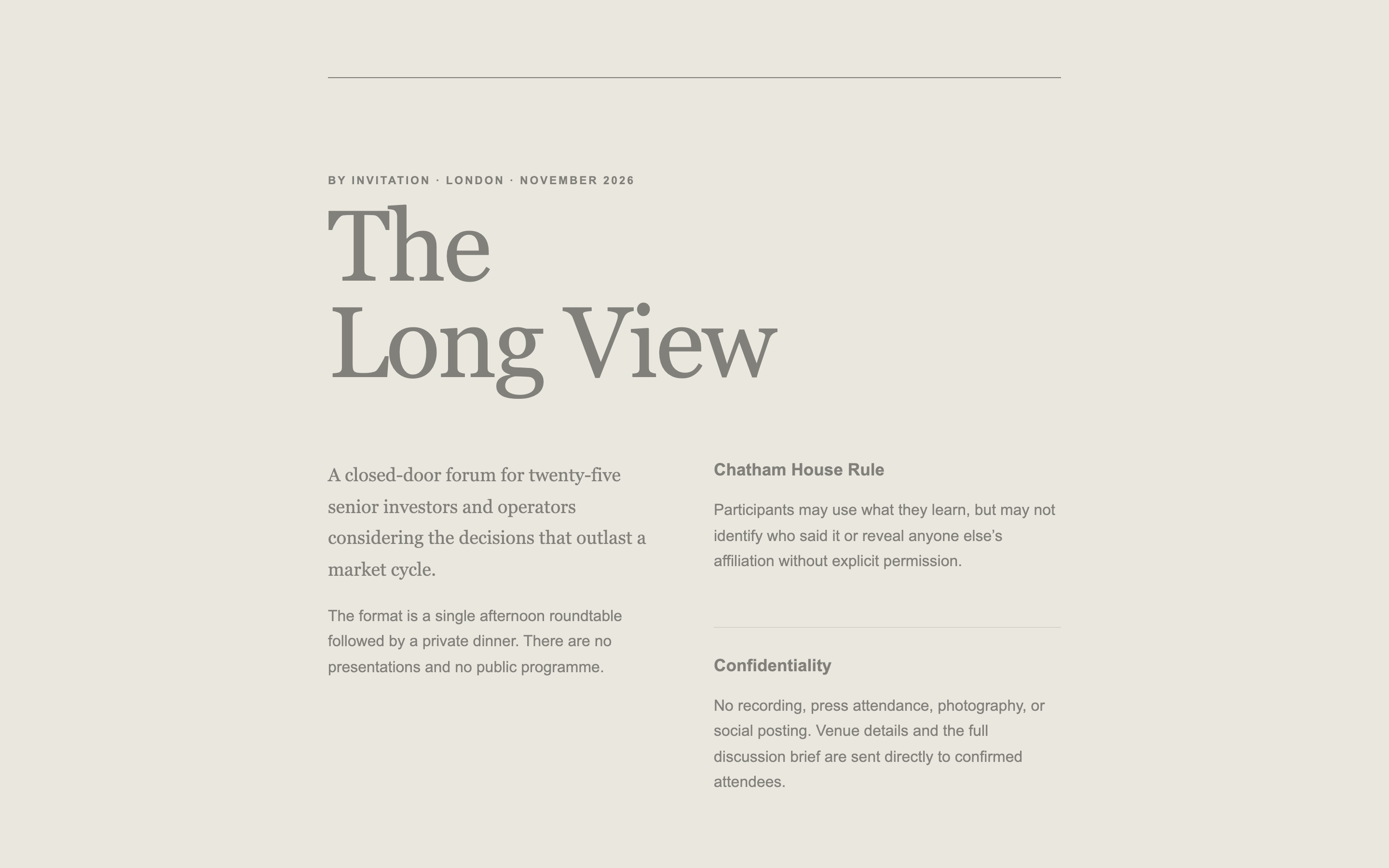 A private forum page — minimal typographic hero, a short statement on the format, and a Chatham House Rule note. No names, no agenda detail.