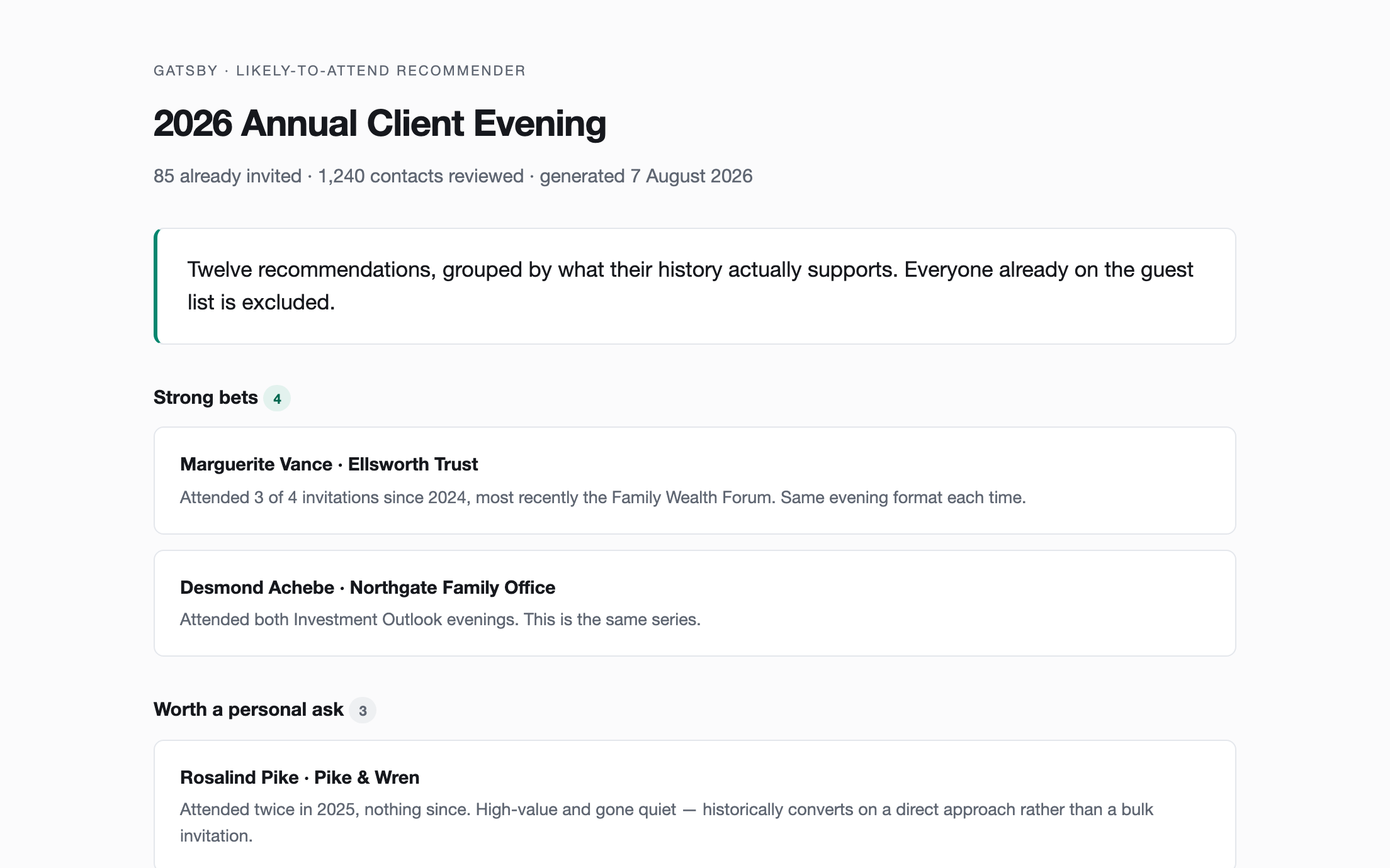 Example output from the Likely-to-Attend Guest Recommender skill.
