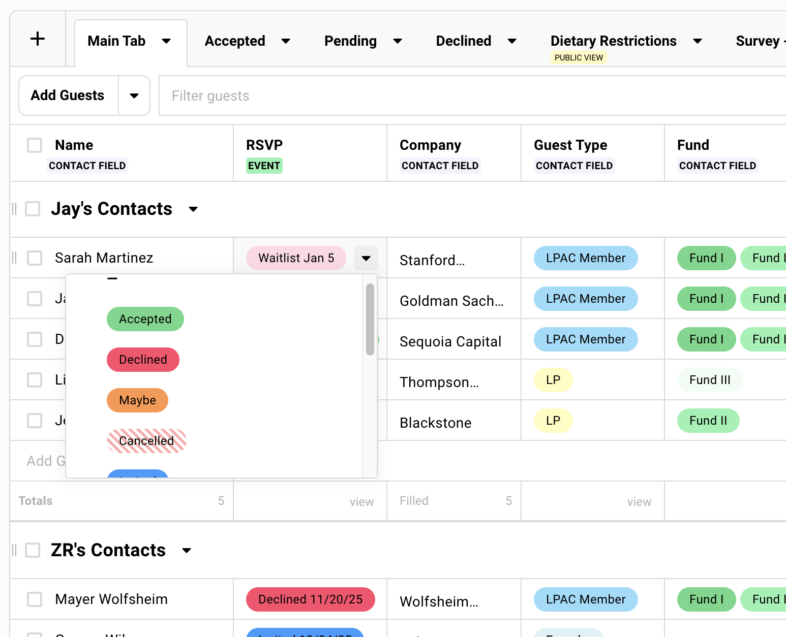 RSVP status column open on the guest list showing Accepted, Decline, Maybe options.