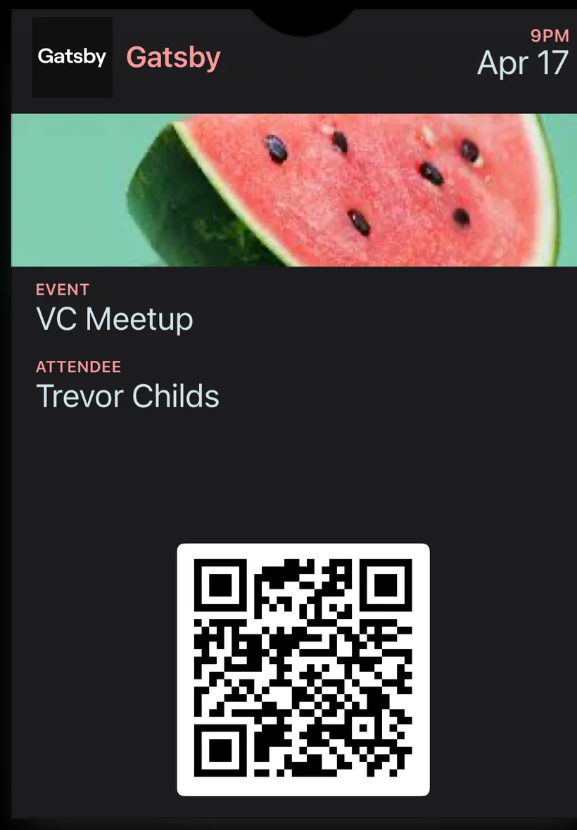 An Apple Wallet Pass on iPhone showing event name, date, attendee name, strip image, and QR code for check-in