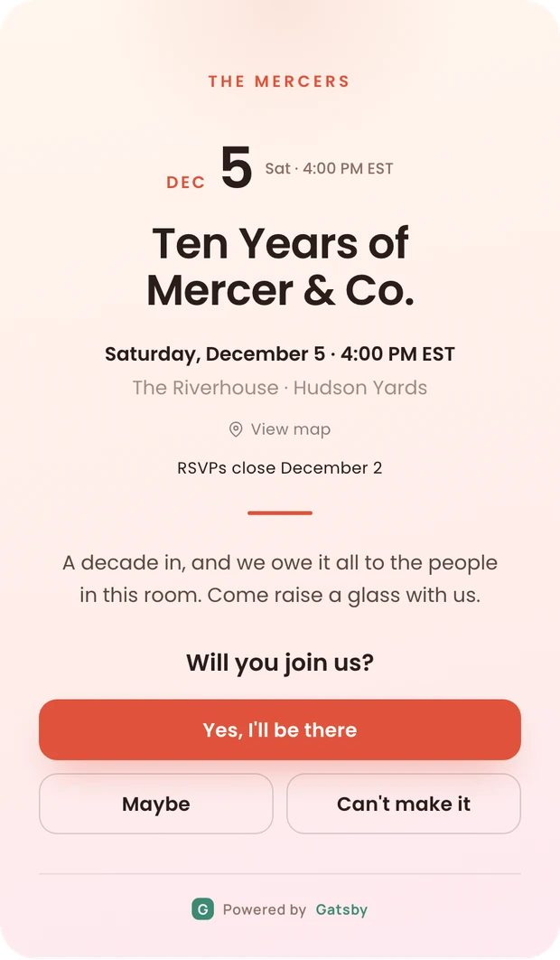 The Celebration template. A blush invitation reading Ten Years of Mercer and Co. with a large date numeral.