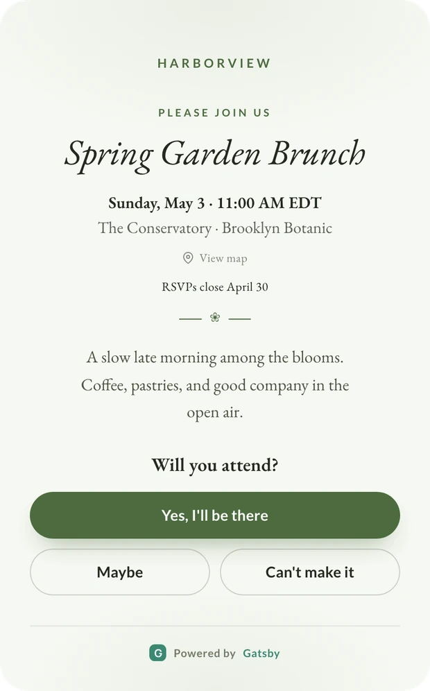 The Garden template. A pale invitation reading Spring Garden Brunch with a green accent.