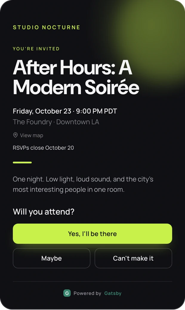 The Soirée template. A dark invitation reading After Hours, A Modern Soirée with a bright lime accent.