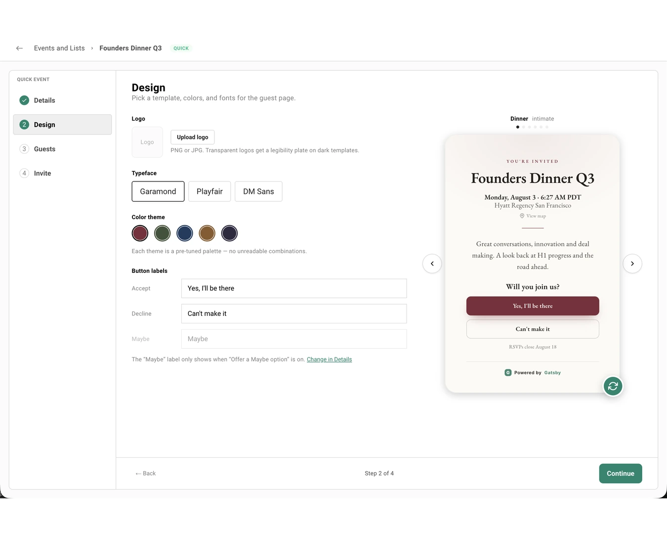 The Design step, with the four-step sidebar on the left and controls for logo upload, three typefaces, five color themes, and Accept, Decline, and Maybe button labels, beside a live preview of the guest invitation.