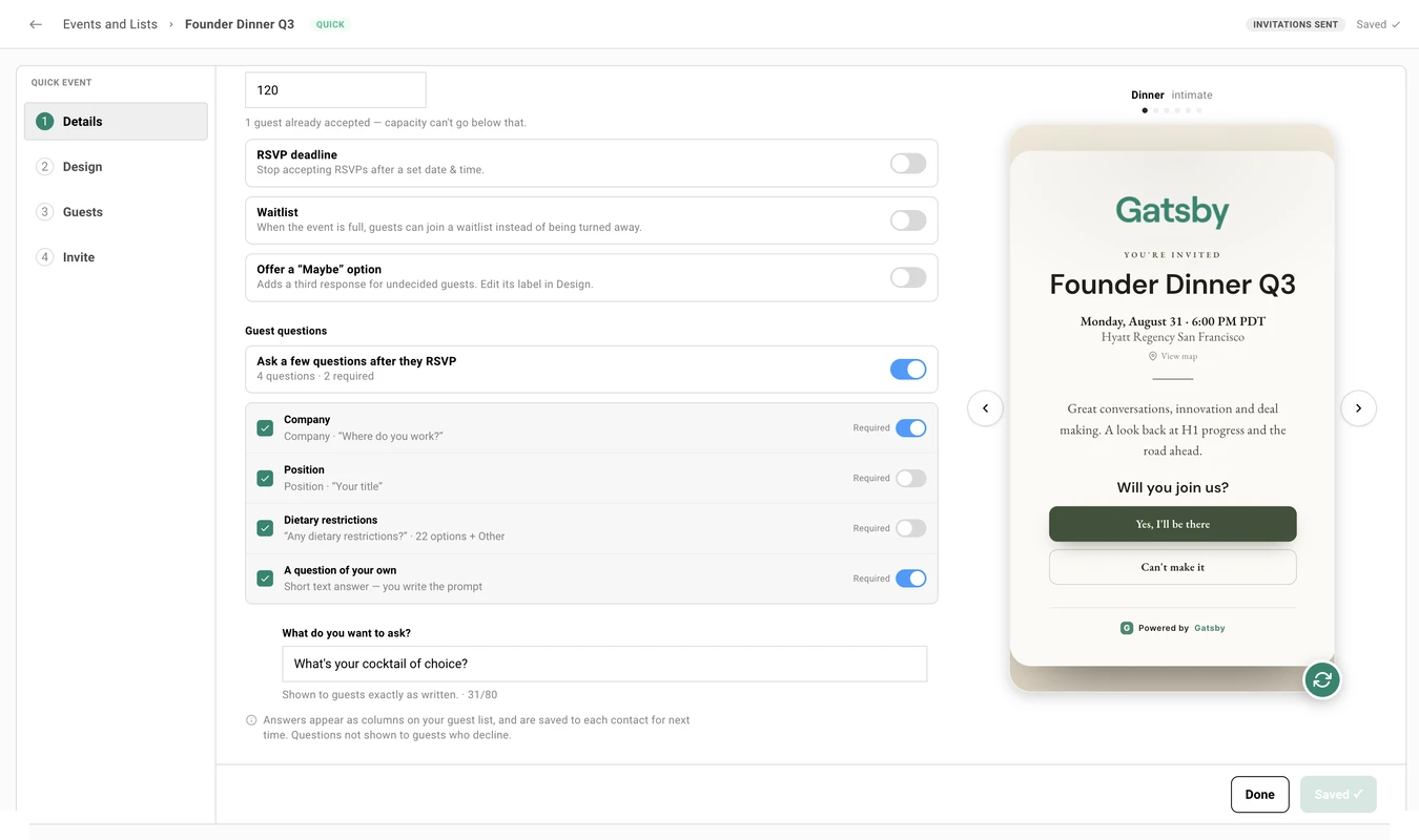 The Guest questions section on the Details step, switched on with Company, Position, Dietary restrictions, and a custom cocktail question selected. Company and the custom question are required, while Position and Dietary restrictions are optional.