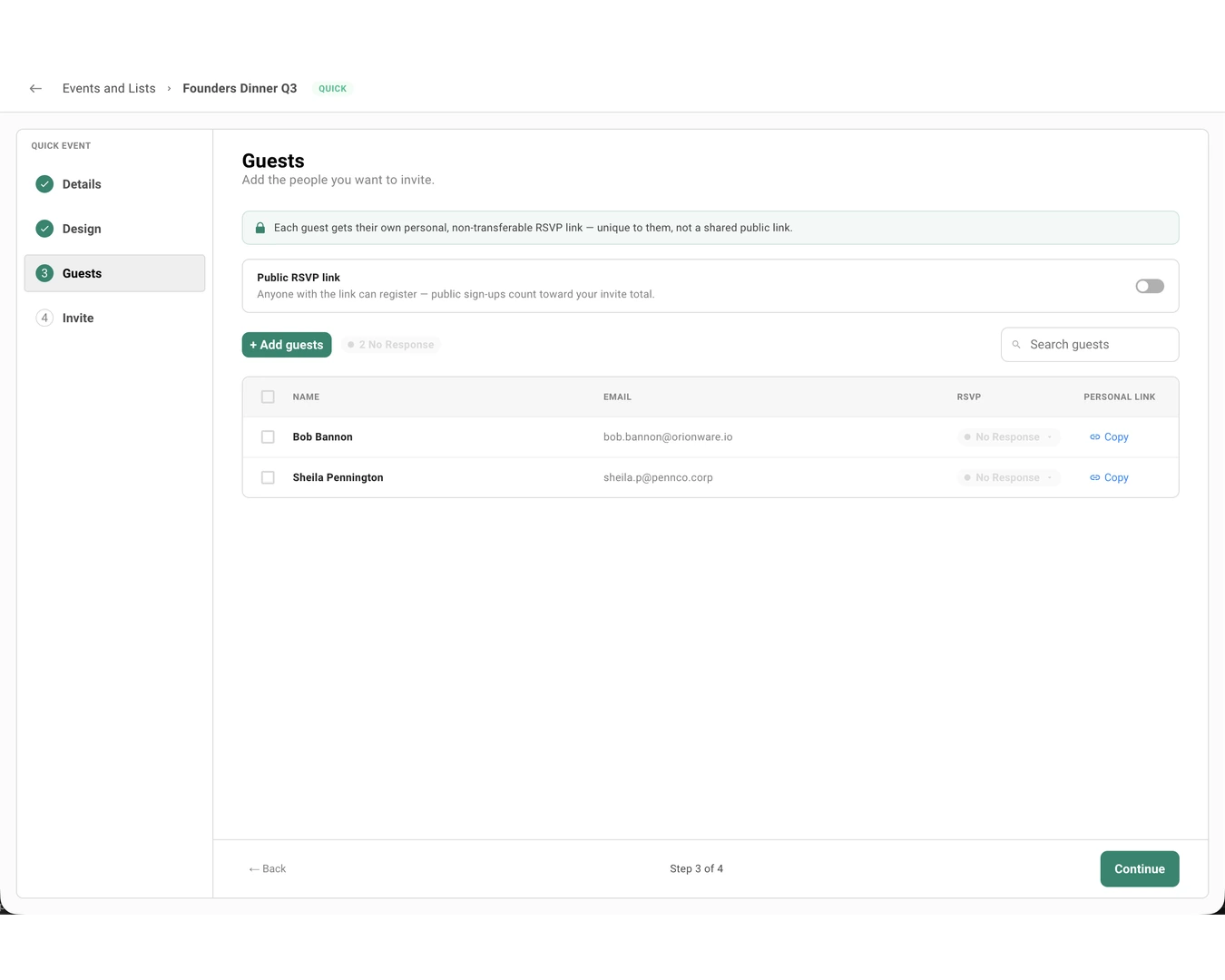 The Guests step, showing a note that each guest gets a personal, non-transferable RSVP link, a Public RSVP link toggle that is switched off, an Add guests button, and a roster table with name, email, RSVP status, and a Copy action for each guest's personal link.