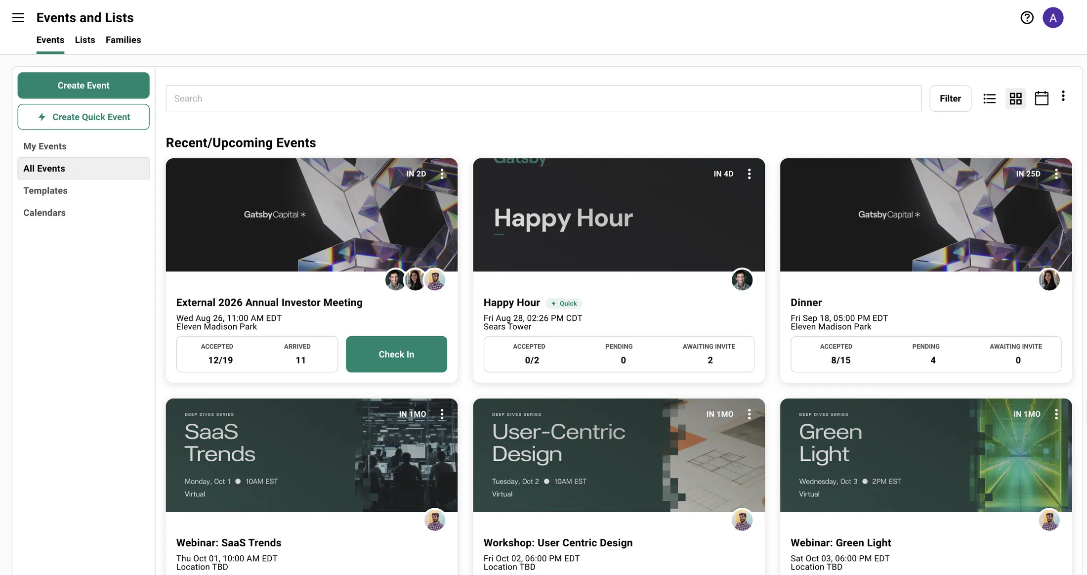 The Gatsby Events dashboard showing quick events and standard events side by side. A Create Quick Event button sits under Create Event in the sidebar, and cards for Founders Dinner and LP Salon carry a Quick marker alongside accepted, pending, and awaiting-invite counts.