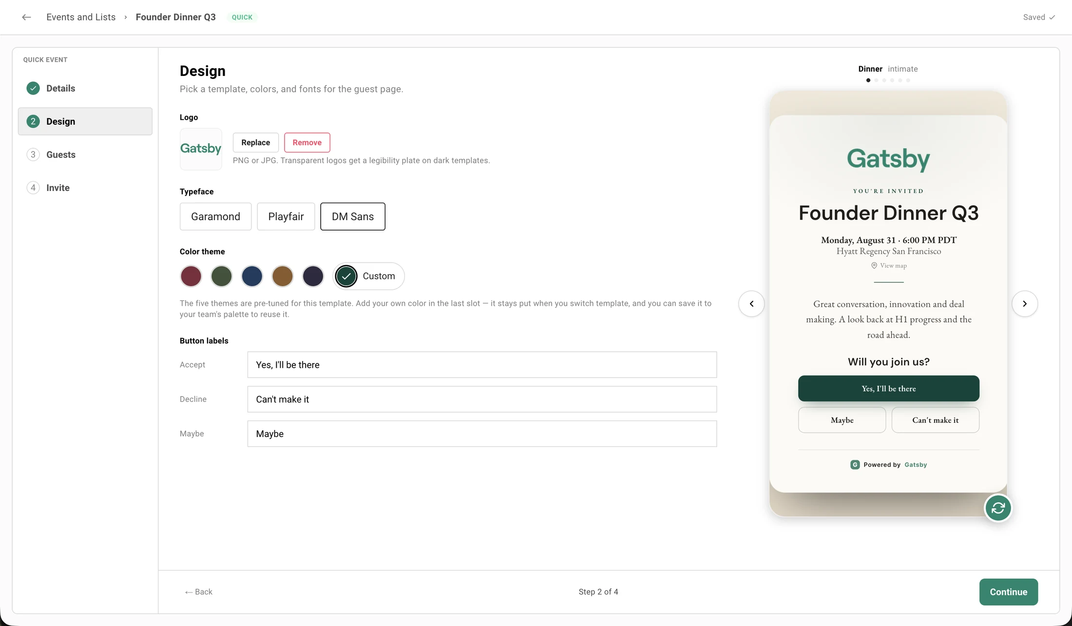 The Quick Event Design step. A sidebar shows the four steps Details, Design, Guests and Invite. The main pane offers logo upload, three typefaces, five color themes, and editable Accept, Decline and Maybe button labels, with a live phone preview of the guest invitation on the right.