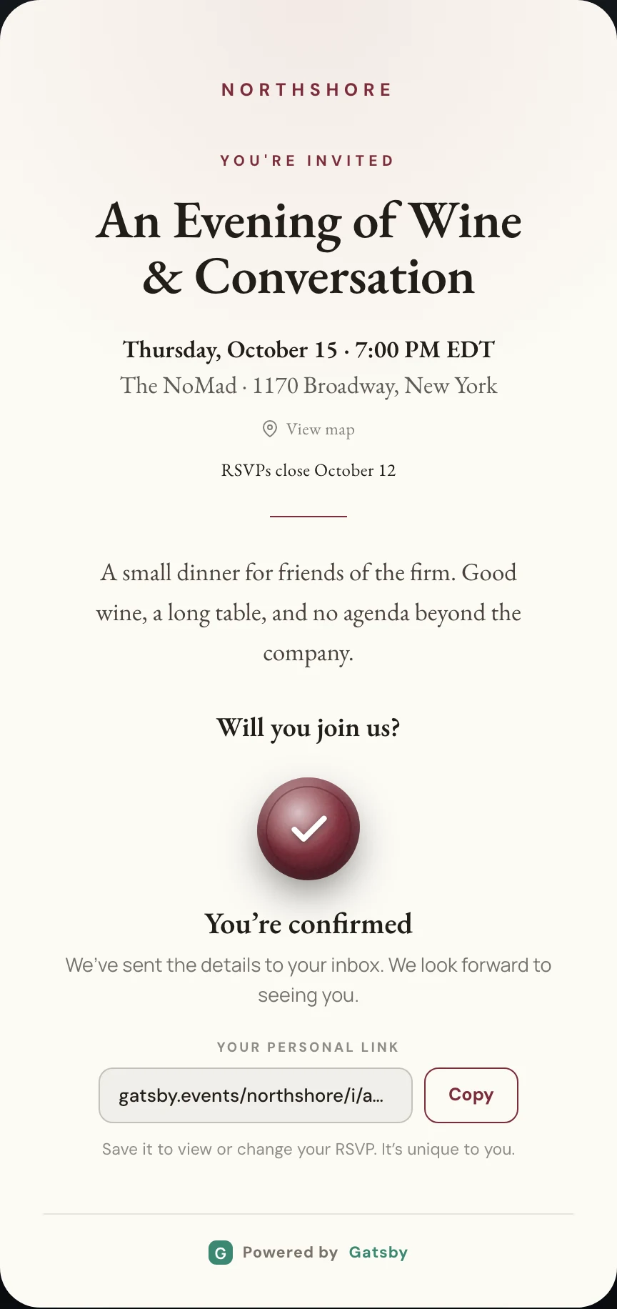 The confirmation state of a Quick Event invitation, reading You're confirmed, with the guest's personal link and a copy button below it.