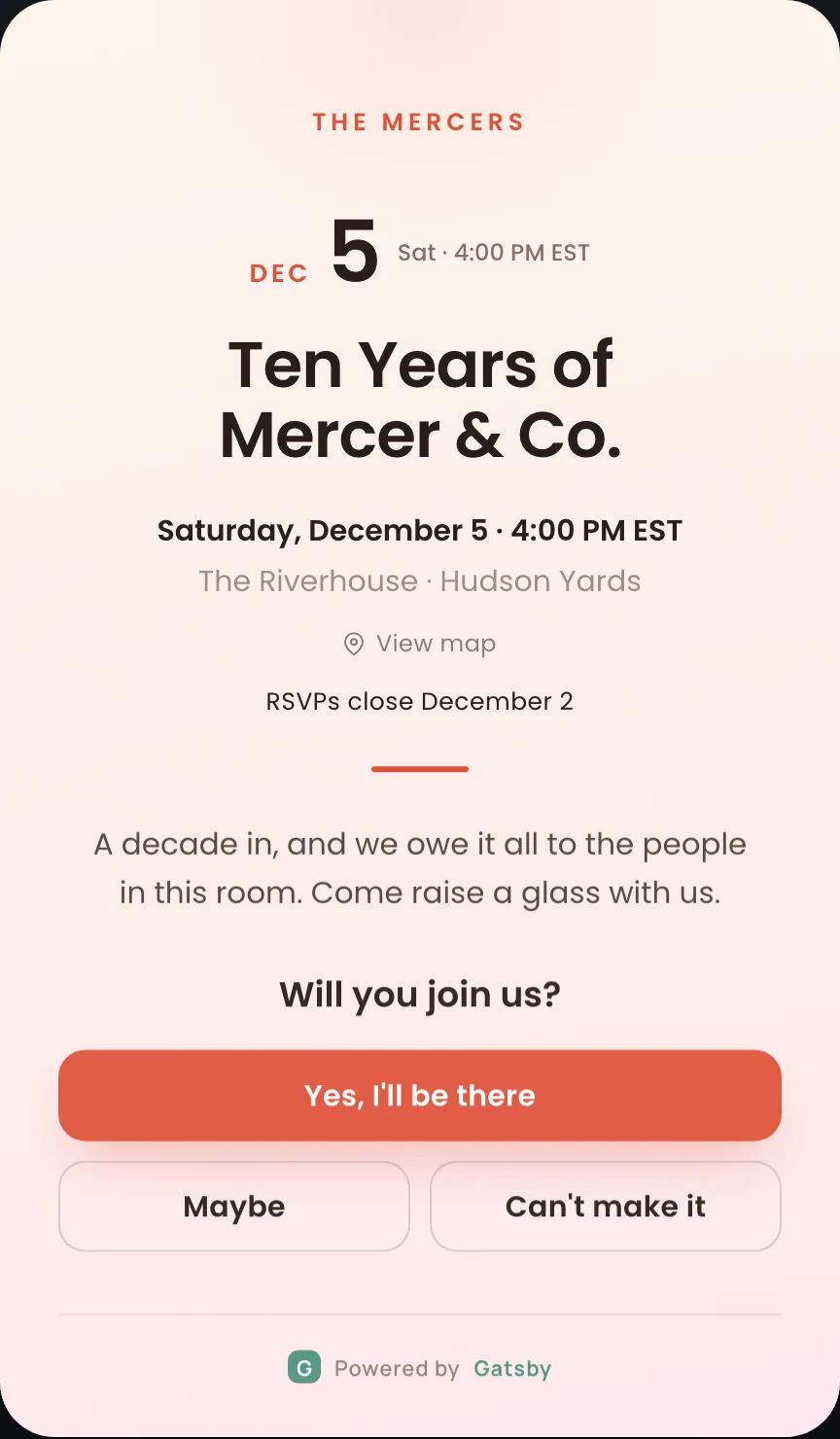 The Celebration template. A blush invitation reading Ten Years of Mercer and Co. with a large date numeral.