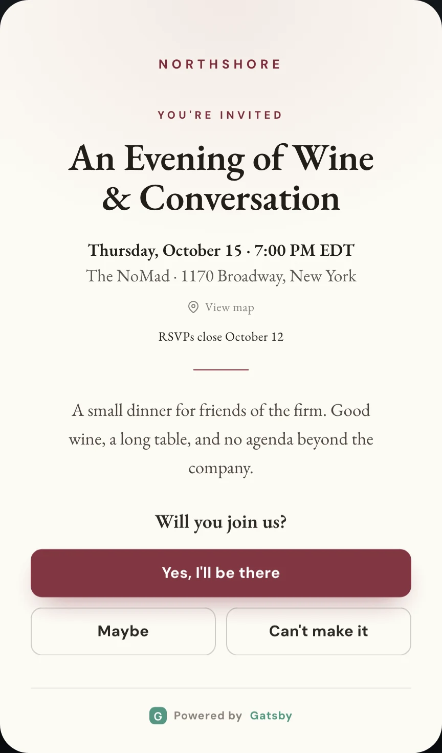 The Dinner template. A cream invitation reading An Evening of Wine and Conversation, with a deep red accent and a serif typeface.