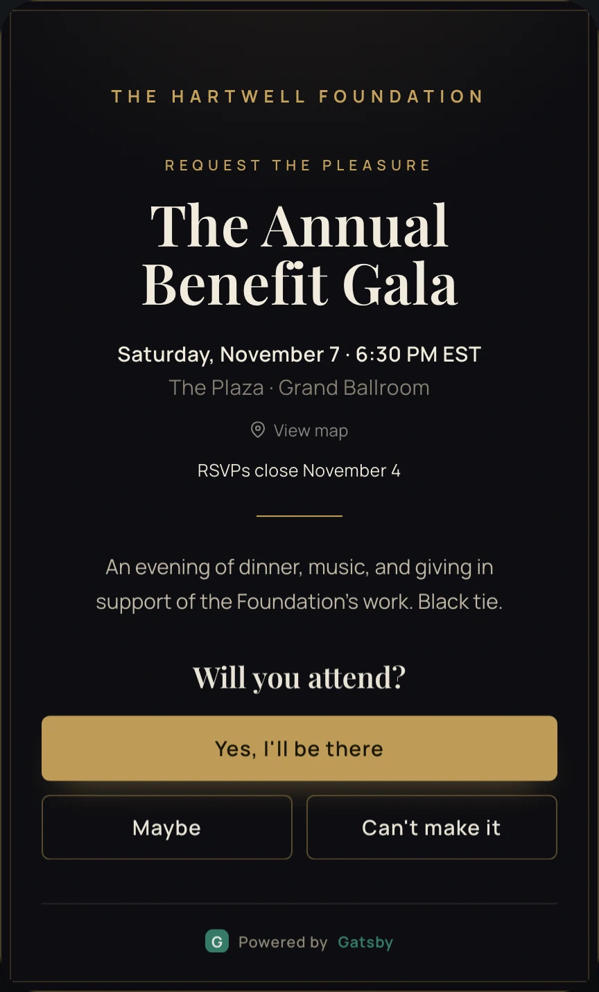 The Gala template. A black invitation reading The Annual Benefit Gala with a gold accent.