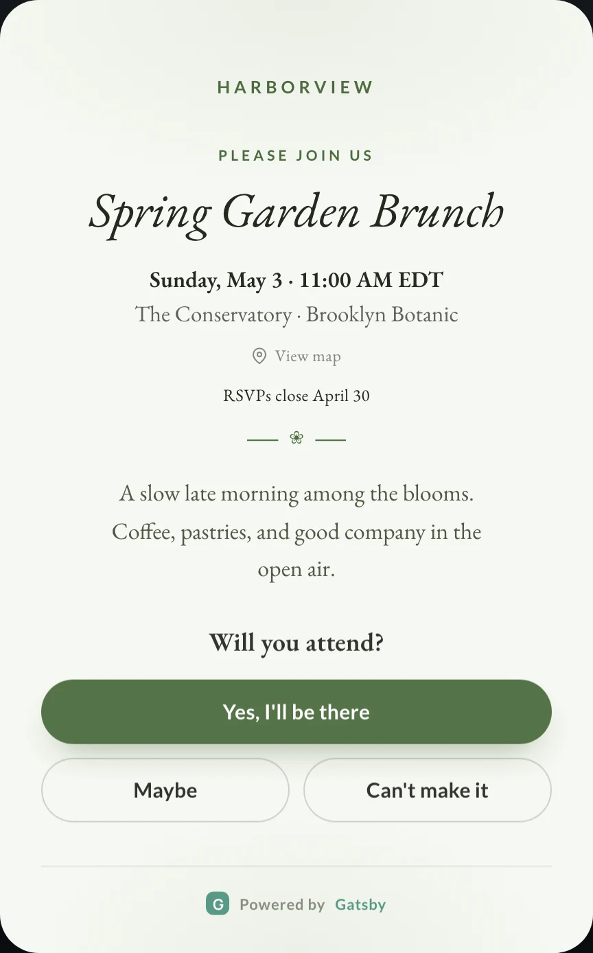 The Garden template. A pale invitation reading Spring Garden Brunch with a green accent and an italic serif heading.