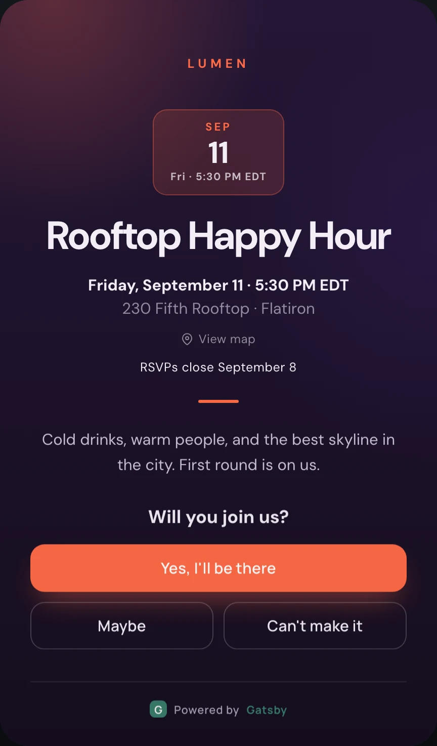 The Happy Hour template. A deep purple invitation reading Rooftop Happy Hour with a date chip and an orange accent.