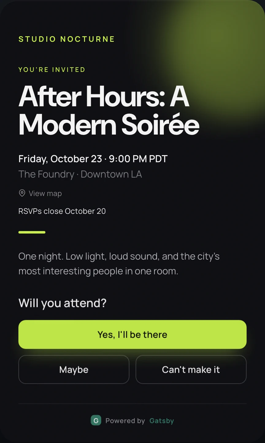 The Soirée template. A dark invitation reading After Hours, A Modern Soirée with a bright lime accent and a bold sans-serif heading.