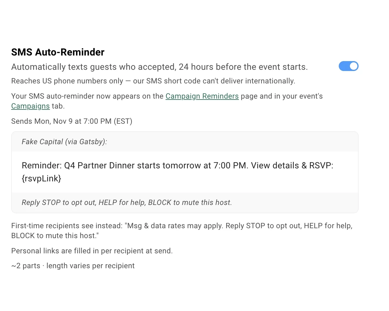 The SMS Auto-Reminder setting, switched on, with the scheduled send time and a preview of the reminder text from Fake Capital (via Gatsby) ending in the STOP, HELP, and BLOCK footer.