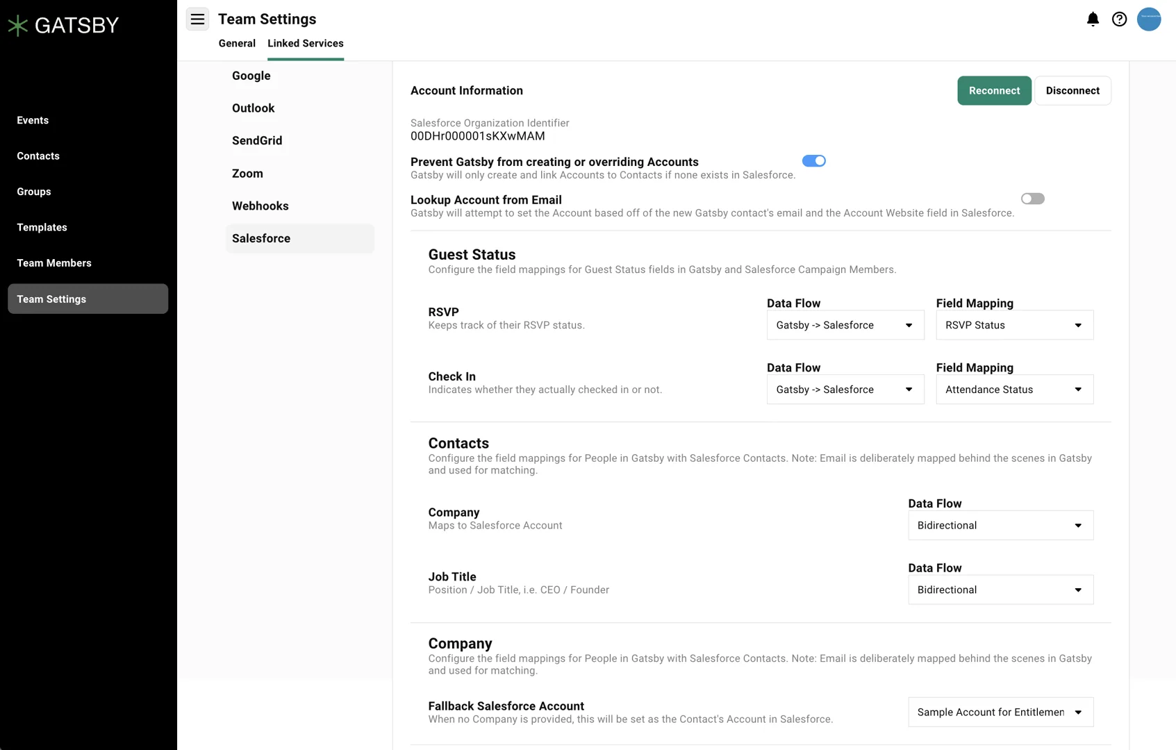 Gatsby field mapping interface showing bidirectional sync configuration options