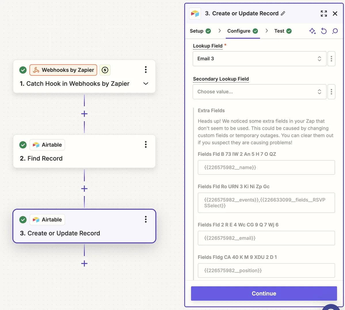 Screenshot showing Airtable Create or Update Record action mapped to Gatsby fields